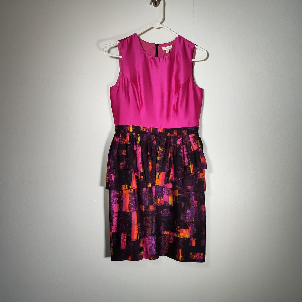 Shoshanna Fuchsia Pink Abstract Print Peplum Silk Blend Sheath Dress Size 2